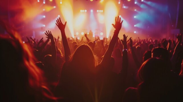 Fun music concert. Popular band star sing song. Happy fans people enjoy rock festival. Night club rave life. Disco show. Beautiful neon light. Pop musician man live perform. Singer play silhouette.