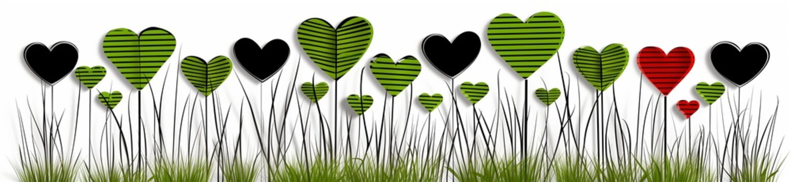 Nice illustration in green, black and red evoking love and nature, horizontal decorative frieze or Valentine's day card design, a healthy mind and body, natural lifestyle, grow and nurture life