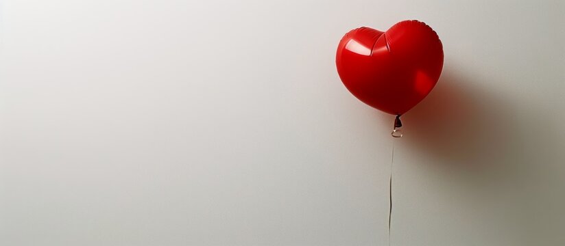 Romantic red heart-shaped balloon hanging decoratively on a white wall