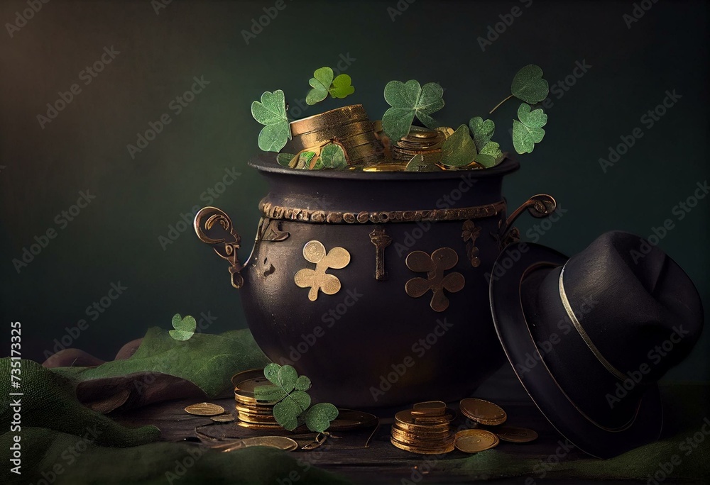 Wall mural vintage black steel pot full of gold coins and leprechaun hat and shamrock leaves,ST. Patrick's day concept,genrative ai. Generative AI - Wall murals