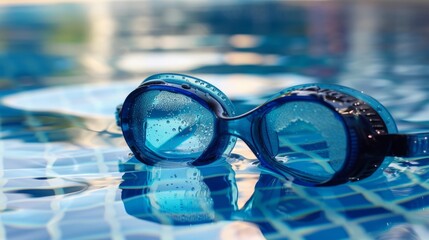 Close-up of blue swimming goggles with water droplets on pool edge, reflecting the sky.