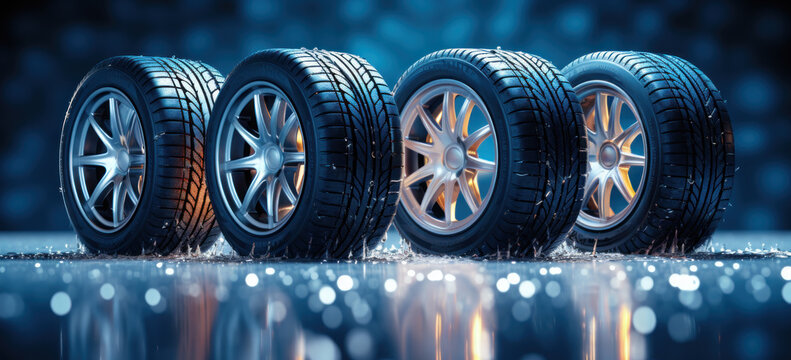 Group of tires on the ice in winter. Ensuring safe and reliable vehicle traction amidst icy conditions, essential automotive equipment for winter travel