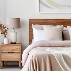 Wooden bedside table near bed with beige fabric headboard, Scandinavian interior design of modern bedroom