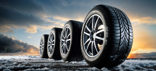 Group of tires on the ice in winter. Ensuring safe and reliable vehicle traction amidst icy conditions, essential automotive equipment for winter travel - obrazy, fototapety, plakaty