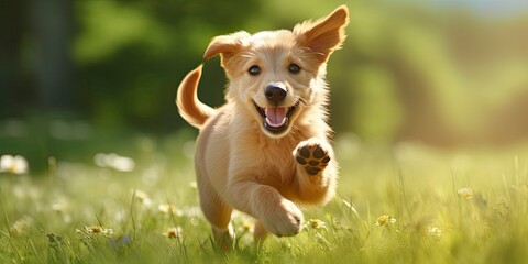 Naklejka na ściany i meble Exuberant golden puppy in mid-leap, joy embodied with each bound across a sun-kissed meadow dotted with wildflowers. Perfect for conveying the essence of freedom and pure happiness.