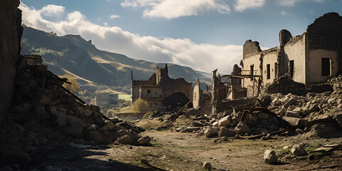 ruins of castle, Crumbling Incan citadel in the Andes, rugged mountain village, An Abandoned Village for Decades,  Generative AI - obrazy, fototapety, plakaty