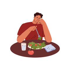 Sad man eating salad with tomatoes, water and apple flat style