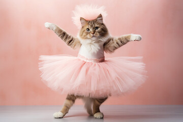 Cat ballerina dancer in a tutu on pink background. Cat dancing in ballerina outfit doing a pirouette. Classic dance, elegance and royalty, purebred cat as a ballet dancer - obrazy, fototapety, plakaty