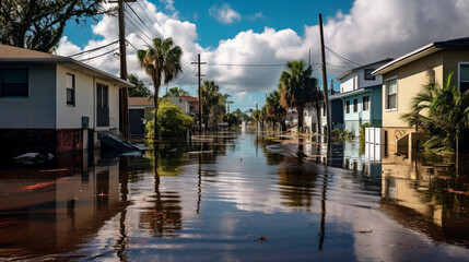 a flooded street in a residential area with houses and palm trees
