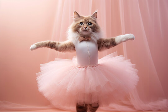 Cat ballerina dancer in a tutu on pink background. Cat dancing in ballerina outfit doing a pirouette. Classic dance, elegance and royalty, purebred cat as a ballet dancer