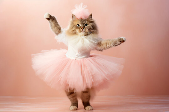 Cat ballerina dancer in a tutu on pink background. Cat dancing in ballerina outfit doing a pirouette. Classic dance, elegance and royalty, purebred cat as a ballet dancer