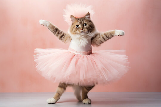 Cat ballerina dancer in a tutu on pink background. Cat dancing in ballerina outfit doing a pirouette. Classic dance, elegance and royalty, purebred cat as a ballet dancer