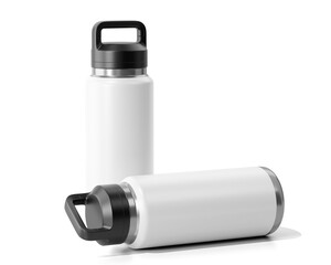 Blank White Aluminum Hydro Flask Water Bottle Packaging, Sport Water Bottle Isolated On Transparent Background, Prepared For Mockup, 3D Render.