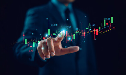 Business finance technology investment concept. Businessman investor trader analyze financial data...