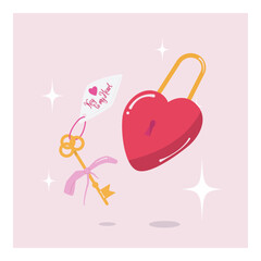 Happy valentine's day card. Modern abstract art design with hearts. Vector lock & key ball groovy style. 90's,80's, 70's. Templates for celebration, ads, branding, banner, cover, label, poster, sales