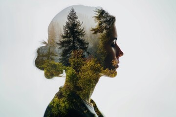 Double exposure of forest landscape with woman
