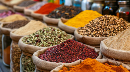 Oriental spices and spices on the market.Vibrant heaps of assorted spices displayed in a traditional market setting.