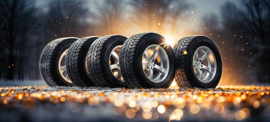 Fotobehang Group of tires on the ice in winter. Ensuring safe and reliable vehicle traction amidst icy conditions, essential automotive equipment for winter travel © remake