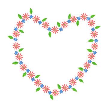vector white background with flowers and leaves in the shape of a heart. Spring card with a heart of flowers and leaves.