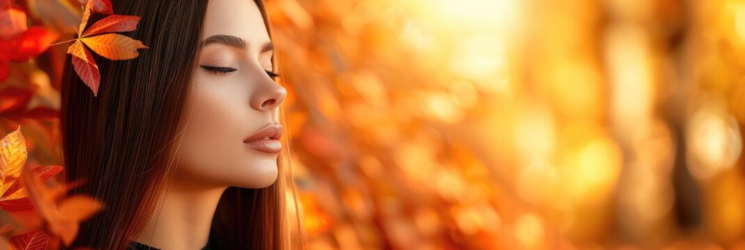Woman with Sleek Hair and Fall Leaves