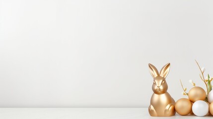 Fototapeta na wymiar Beautiful minimalist Easter background with colorful eggs, a golden ceramic Easter bunny and plenty