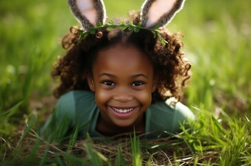 african african american little girl wearing bunny ears with easter grass laying on ground - Powered by Adobe