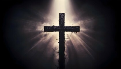 the cross of jesus christ in a dark room illuminated by bright white light. Easter holiday