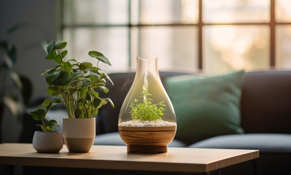 an aromatherapy diffuser with a plant is set up on a table with a glass bowl