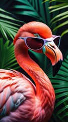 Fototapeta premium pink flamingo on a background of tropical leaves, background wallpaper for mobile phone