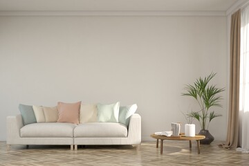 White living room with sofa. Scandinavian interior design. 3D illustration