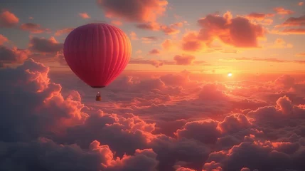 Rolgordijnen Illustrate a hot air balloon floating gracefully across the sky at sunrise, with passengers enjoying a breathtaking aerial view of the landscape bathed in the soft light of morning. © P