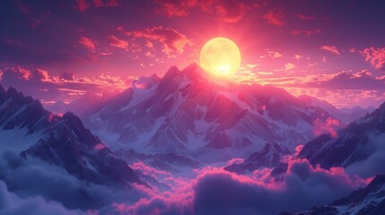 Illustrate a mountain landscape with the sun setting behind rugged peaks