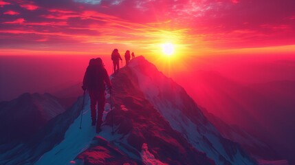 Illustrate hikers reaching the summit of a mountain
