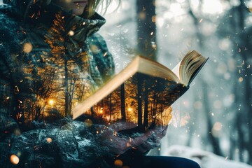 Double exposure of a person reading a book in forest