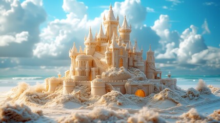 Illustrate intricate sandcastle sculptures with turrets, moats, and bridges, showcasing the creativity