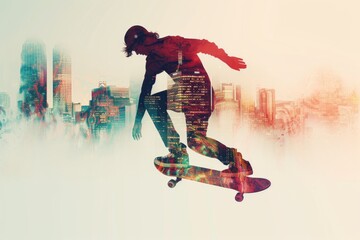 Double exposure a skateboarder with a city