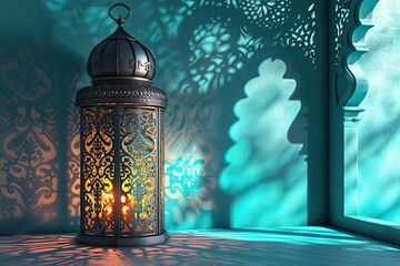 elegant cyan arabian ornament wallpapers with islamic lantern illustration and light 