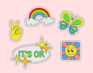 Retro stickers set. Rainbow, butterfly and two fingers. Emoji and emotions for social networks. Back to 80s and 90s. Cartoon flat vector collection isolated on pink background