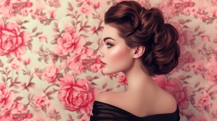 Woman with retro classic hairstyle on pink background