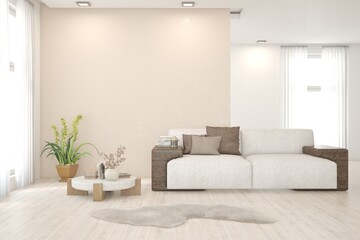 White living room with sofa. Scandinavian interior design. 3D illustration