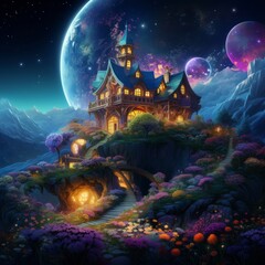 Fototapeta na wymiar Enchanted Nocturne Solitude of a Fantasy House Under the Starlit Sky