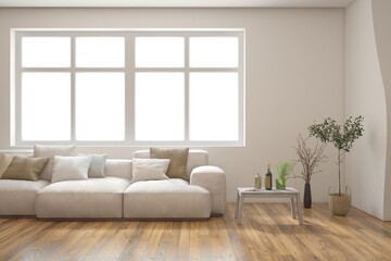 White living room with sofa. Scandinavian interior design. 3D illustration