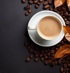 Beautiful minimalistic background with a cup of coffee and coffee beans