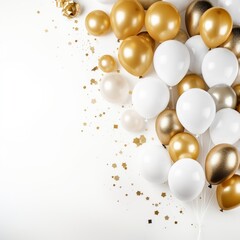 Obraz na płótnie Canvas Birthday background with balloons in gold and white colors and with large copyspace area