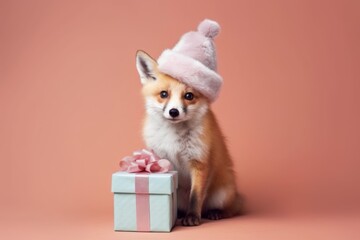 a fox holds a wrapped Christmas present in his hands