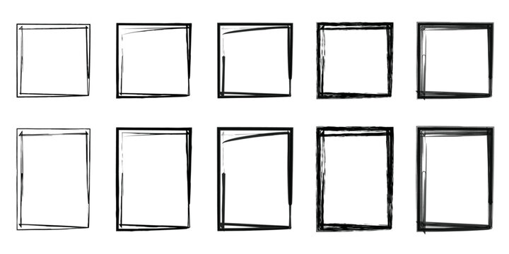 Grunge brush outline frames collection. Hand drawn sketch frame set. Rectangle pencil frames border shape elements.