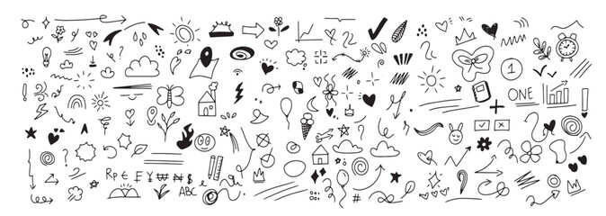 Vector set of hand-drawn cute cartoony expression sign doodle line stroke. movement drawing, curve directional arrows, emoticon effects design elements, cartoon character emotion symbols