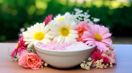 a bowl of flowers on a table