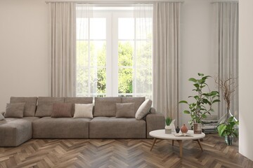 Contemporary classic white interior with furniture and decor and summer landscape in window. Scandinavian interior design. 3D illustration