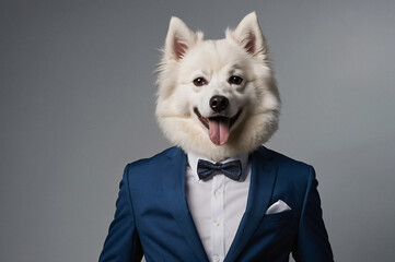 funny portrait of a white dog in a suit